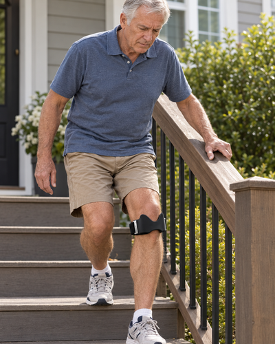Man gripping a stair handrail while wearing the Nexus Precision Strap